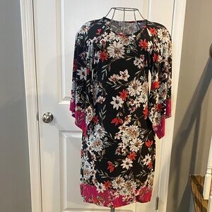 dressbarn Black Floral Midi Dress with Pink Accents